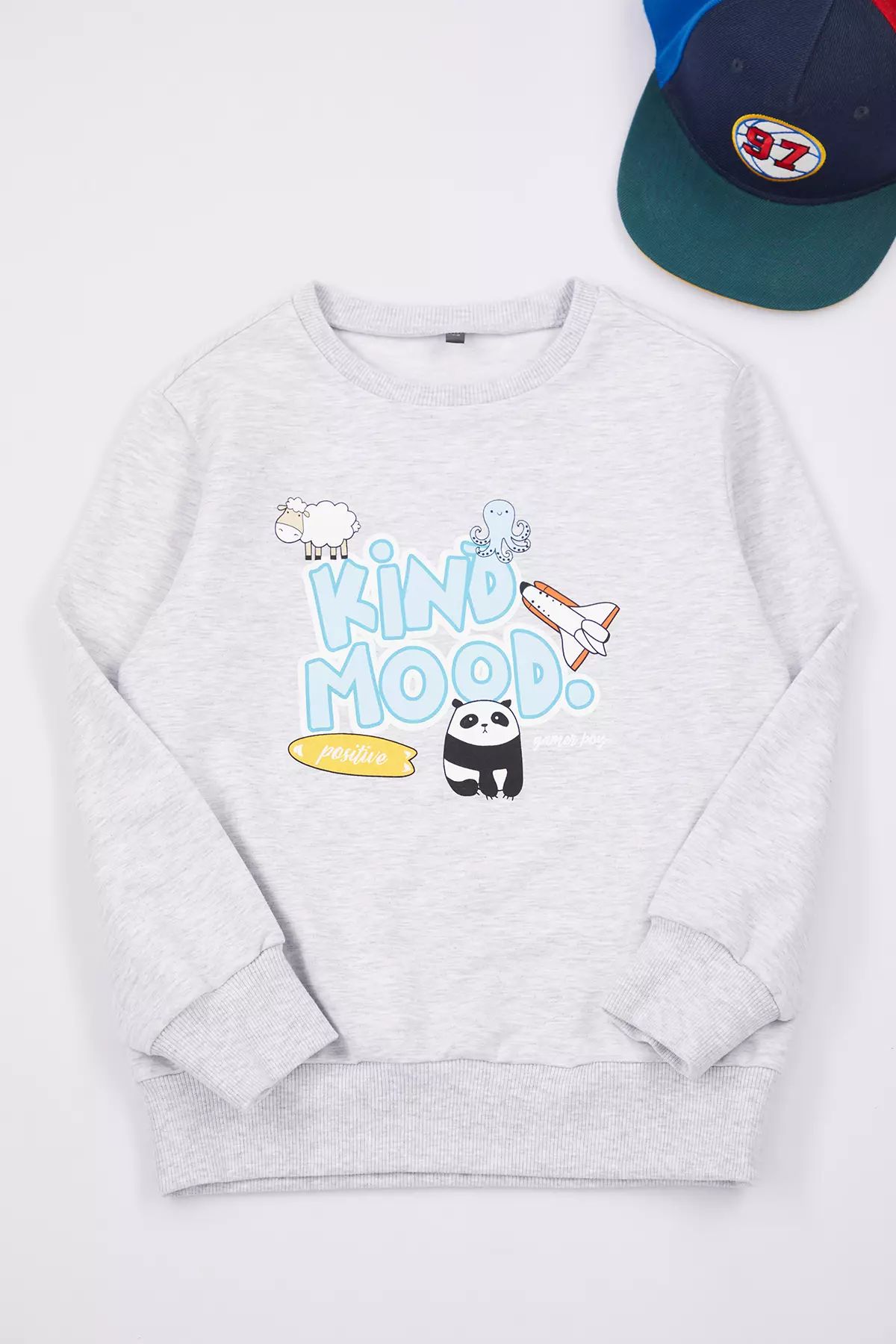 Girl's Gray Melange Patterned Sweatshirt - Crew Neck, Slogan, Tkdaw25Sw00041