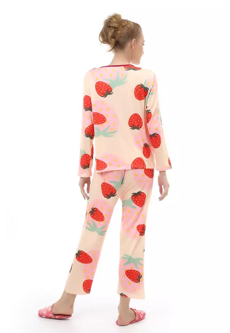 Vance Setelan Piyama Baju Tidur Wanita Lengan Panjang Strawberry Motive Material Cotton ORIGINAL - Cream