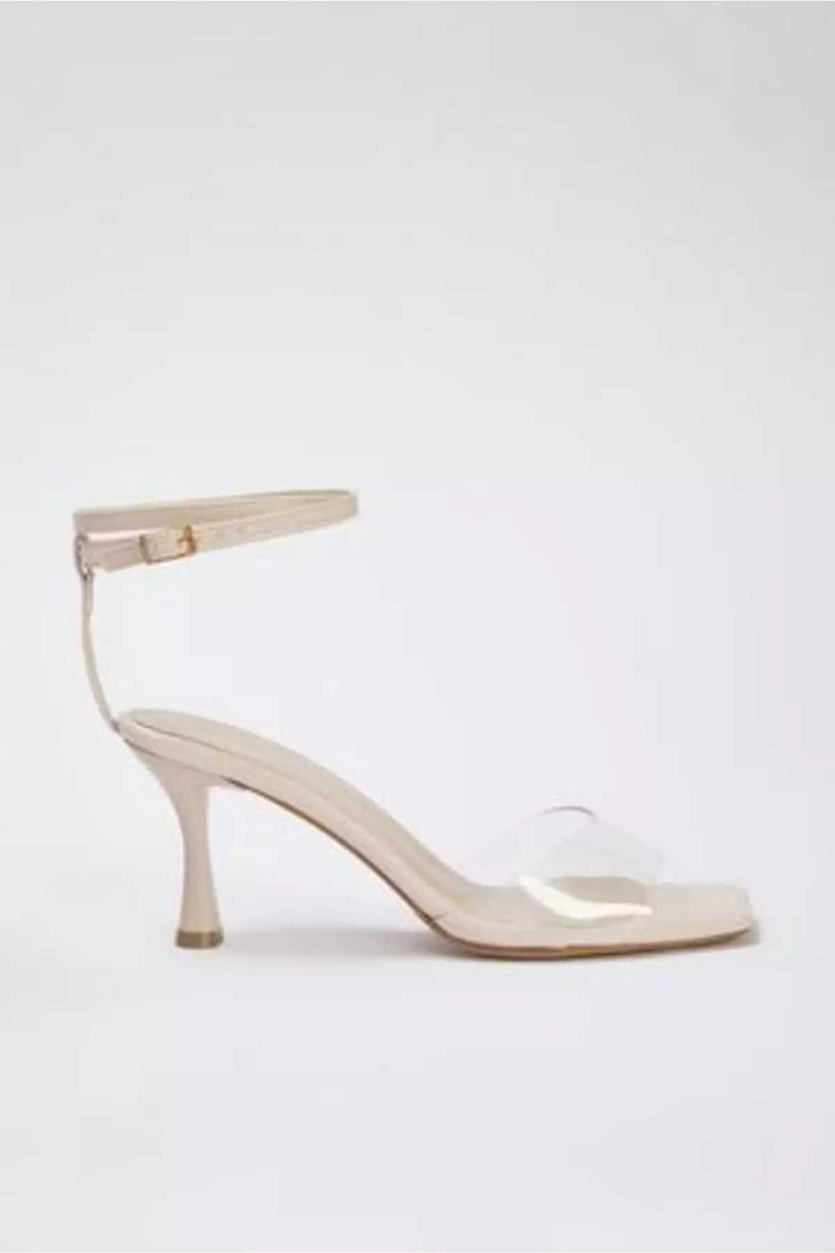 Beige Square Toe Vinyl Strappy Ankle Strap Women's Heeled Sandals - Takss25To00011