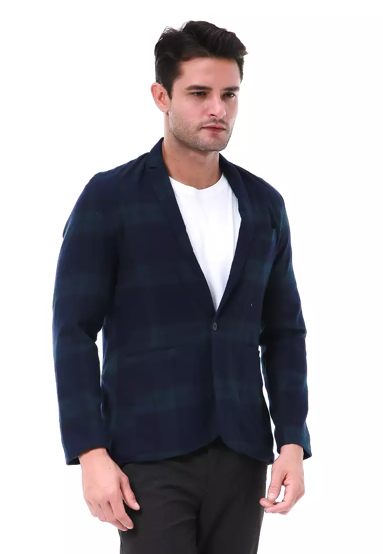 Elard Outerwear Pria Blazer Formal Lengan Panjang Plaid Motive Material Wool ORIGINAL - Green Navy