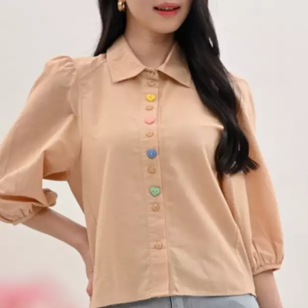 Rainbow Heart Button Puff Sleeve Shirt in Cream