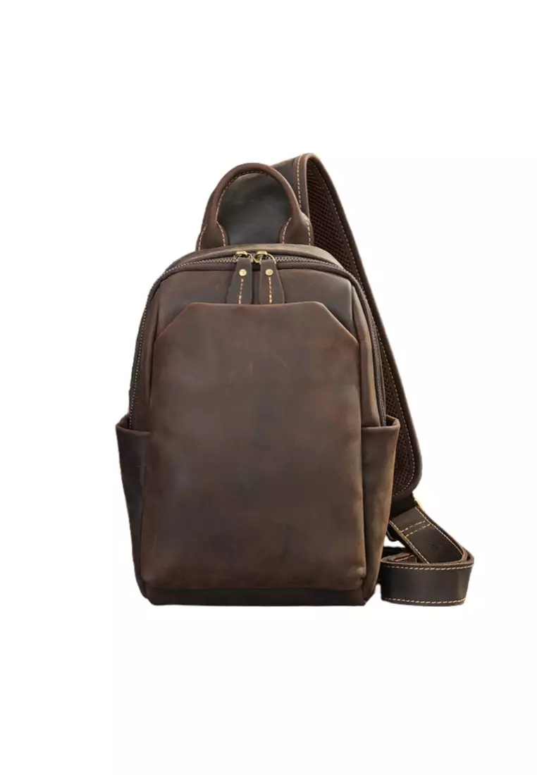 Men's Crazy Horse Cow Leather Zipper Belt Bags Chest Bags