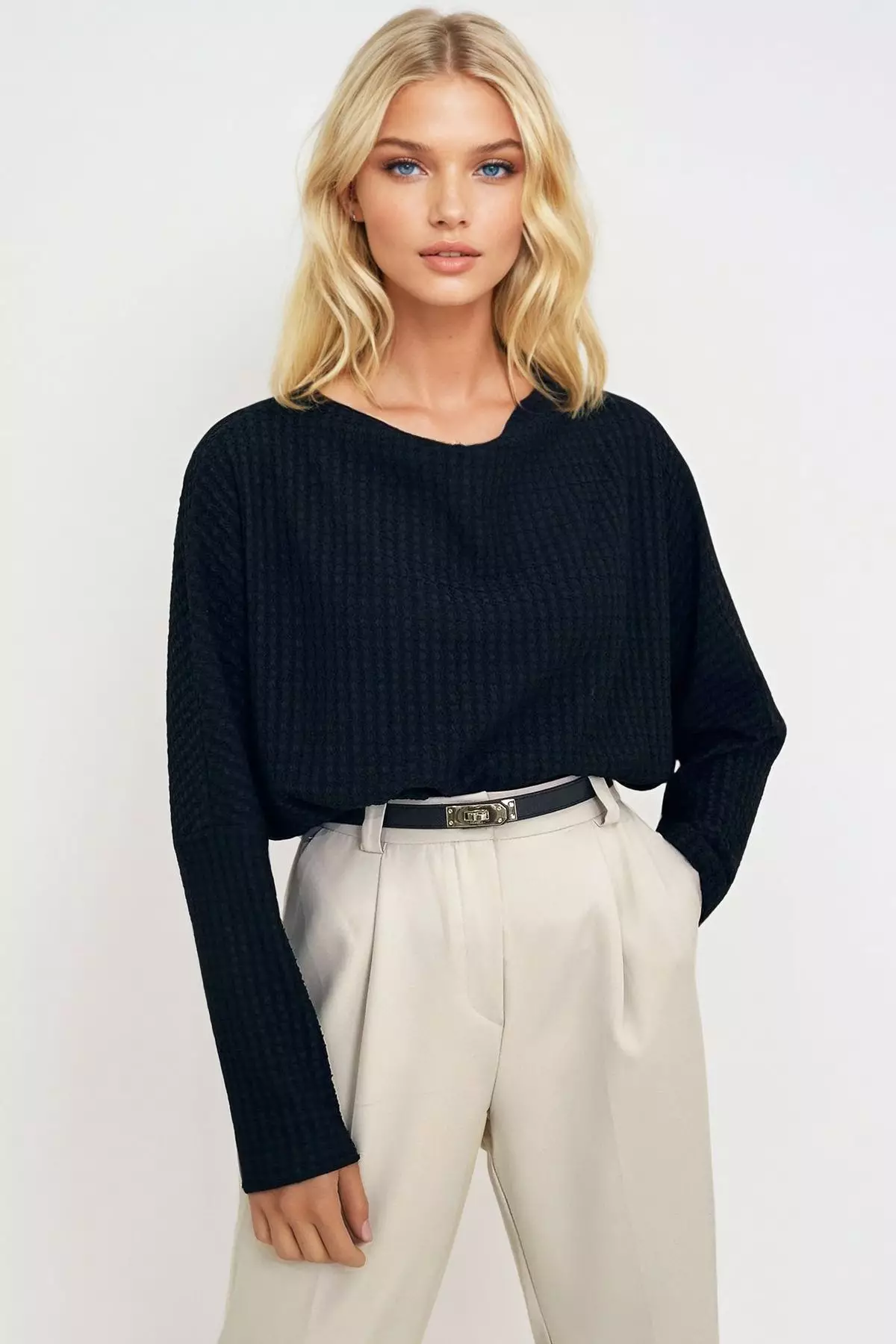 Women's Black Degaje Collar Wide Cut Knitted Blouse