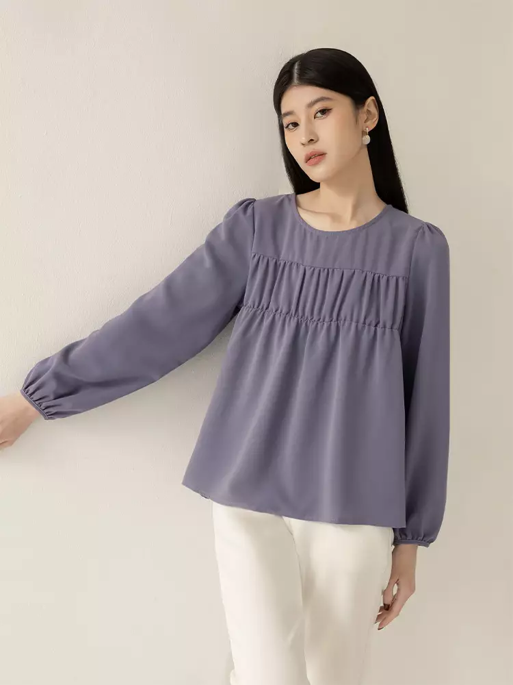 Wrinkle-resistant round neck pleated puff sleeve top [AB19141]