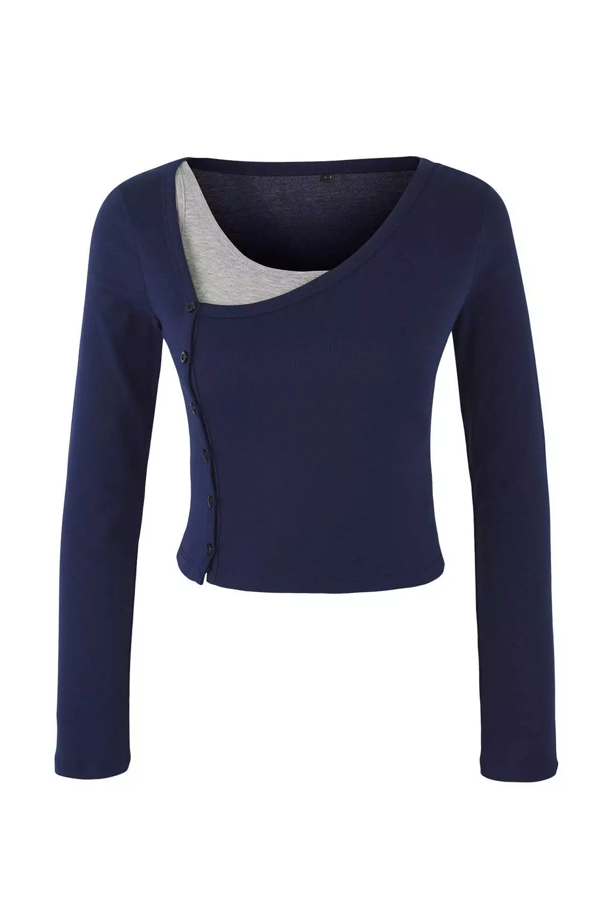 Navy Blue-Gray 2-Piece Set Asymmetrical Collar Buttoned Body-Smoothing Flexible Knitted Blouse
