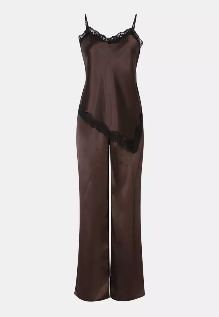 Brown Lace Detailed Satin Woven Pajama Set Thmss26Pt21