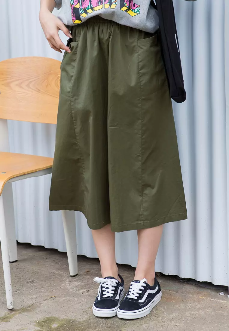 Cotton Elastic Waist Wide-Leg Cropped Trousers [BA3858]