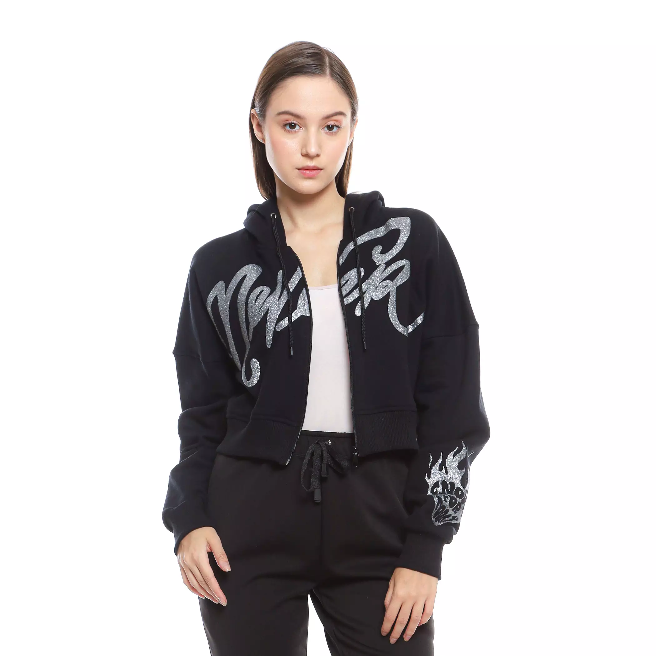 Enough For Today - Hoodie Crop Oversize Zipper Resleting Wanita Hitam Never Blink