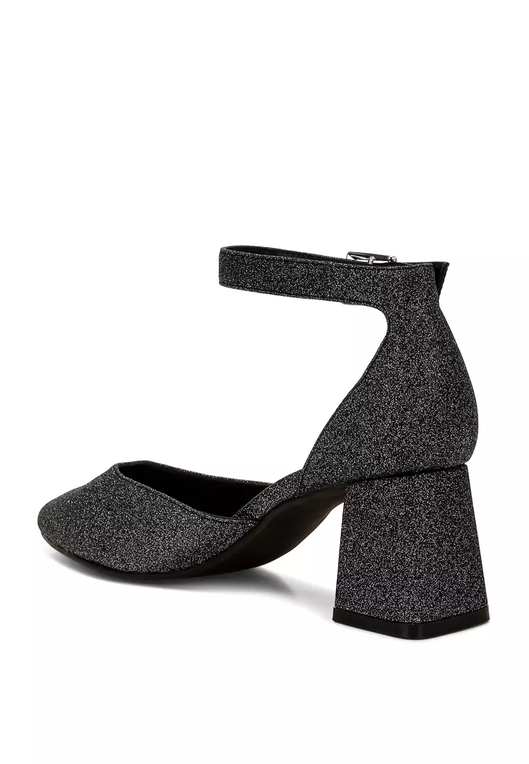 Sandal Tumit Blok Berkilau Warna Hitam