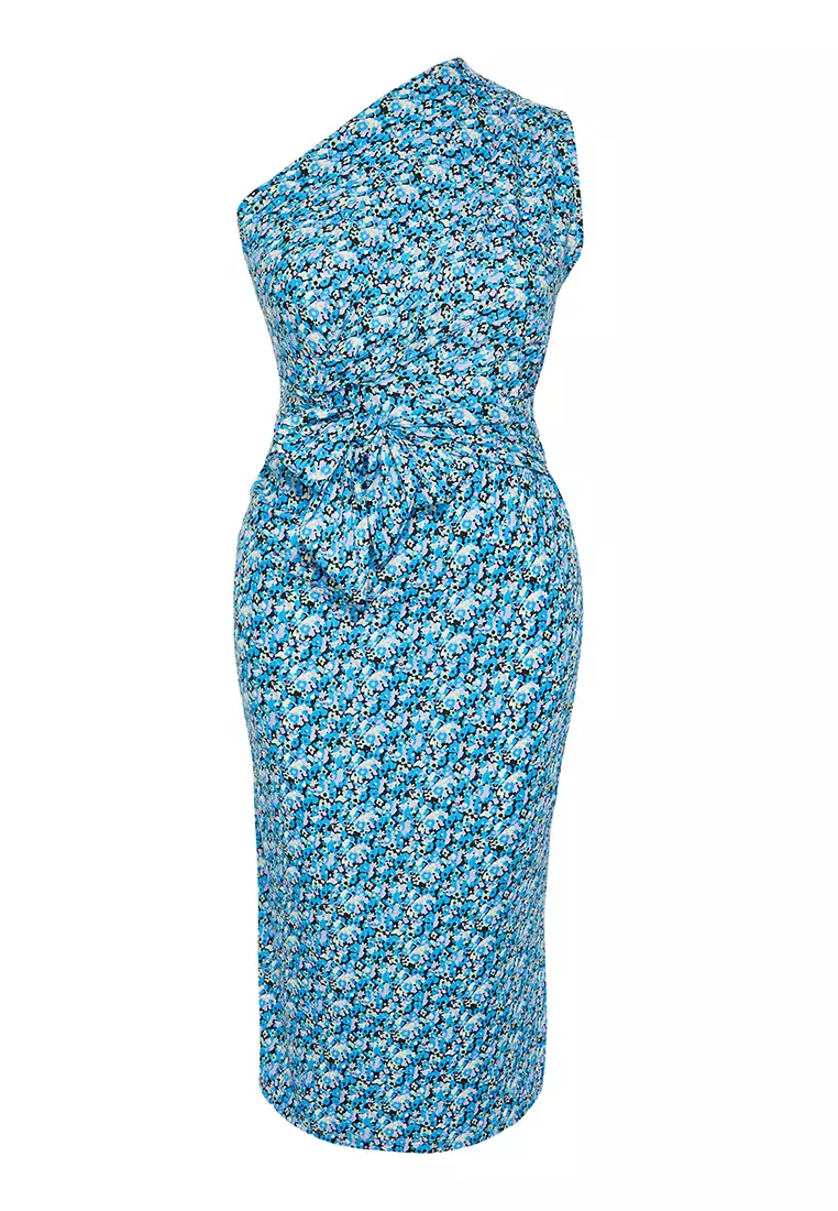 Plus Size One Shoulder Slit Ruched Midi Dress