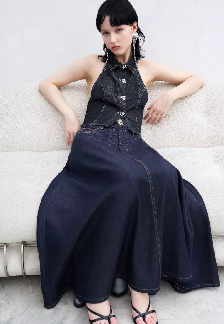 女装辣妹风挂脖露背设计感洗水牛仔衬衫