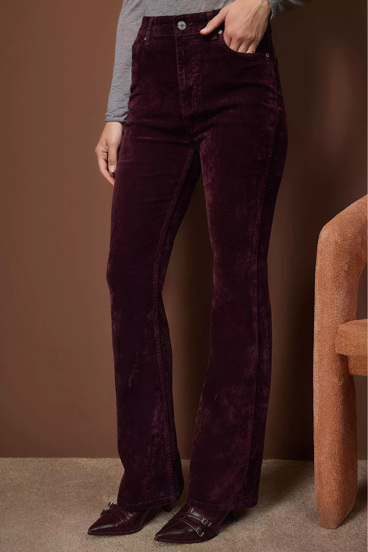 Burgundy Suede Look High Waist Comfort/Flexible Flare Jeans Twoaw26Je287