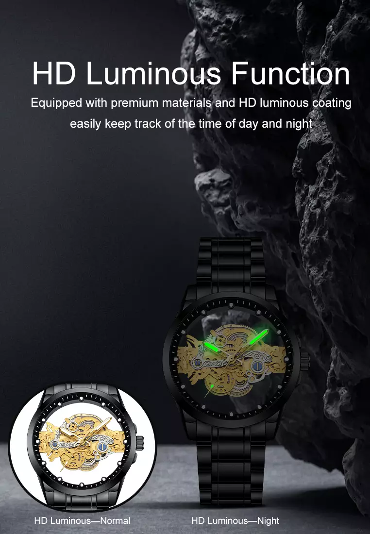 Jam Tangan Pria HD Luminous Function Hollow Dial Tali Stainless Steel Anti Air Jam Tangan Cowok black