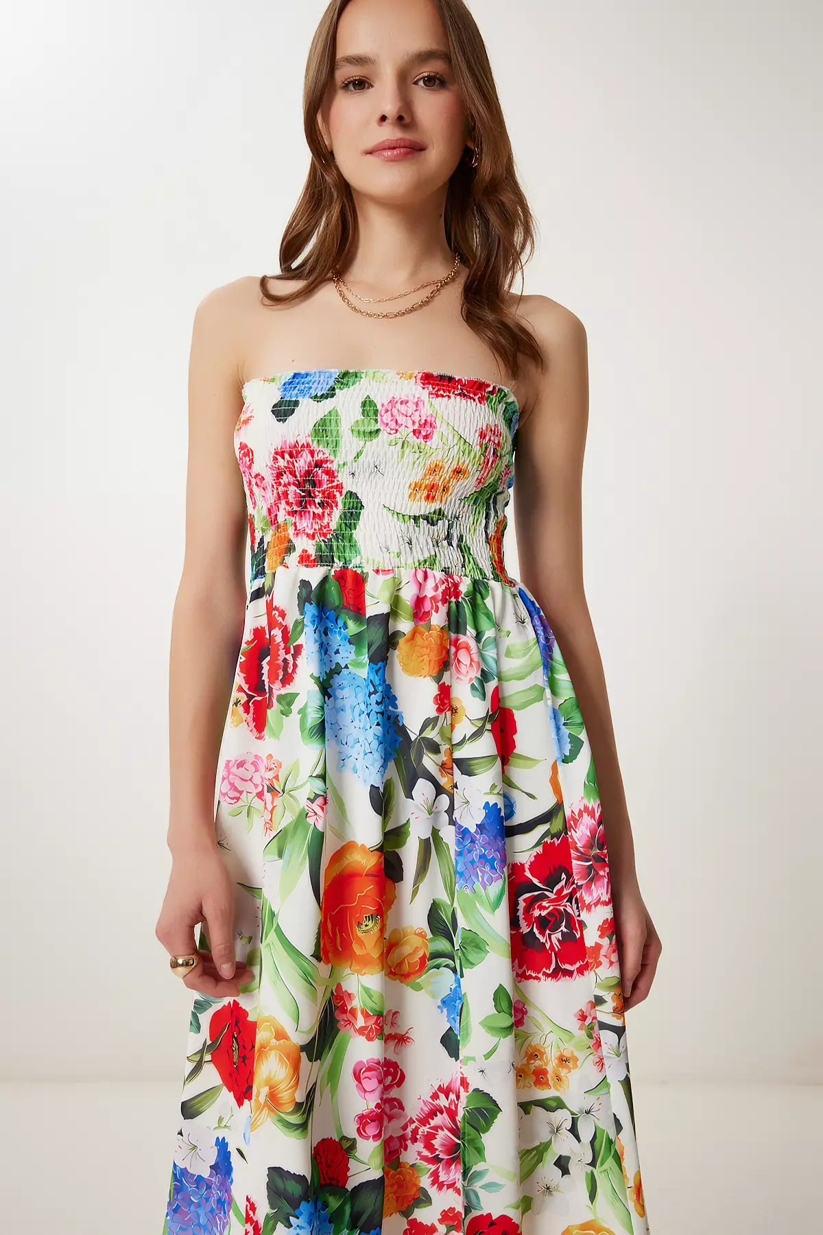 Women's Pink Bone Flower Pattern Strapless Woven Dress Jh00057