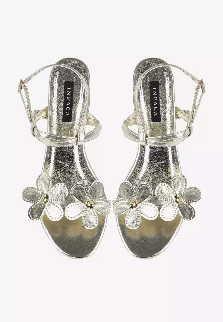 Daisy Block Heels Bunga Metalik Metallic Leather Hak Kotak High Heels Pesta