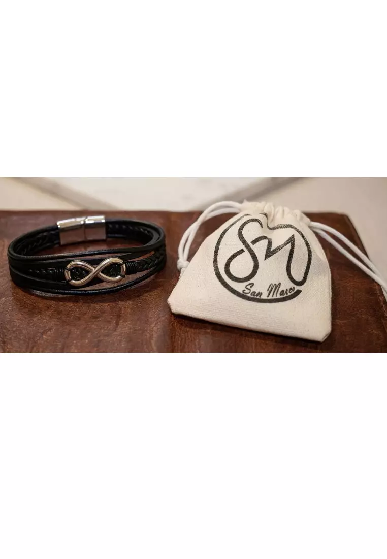 Akesoris Gelang Pria Infinity Classic Charm  Leather Bracelet Black & Silver
