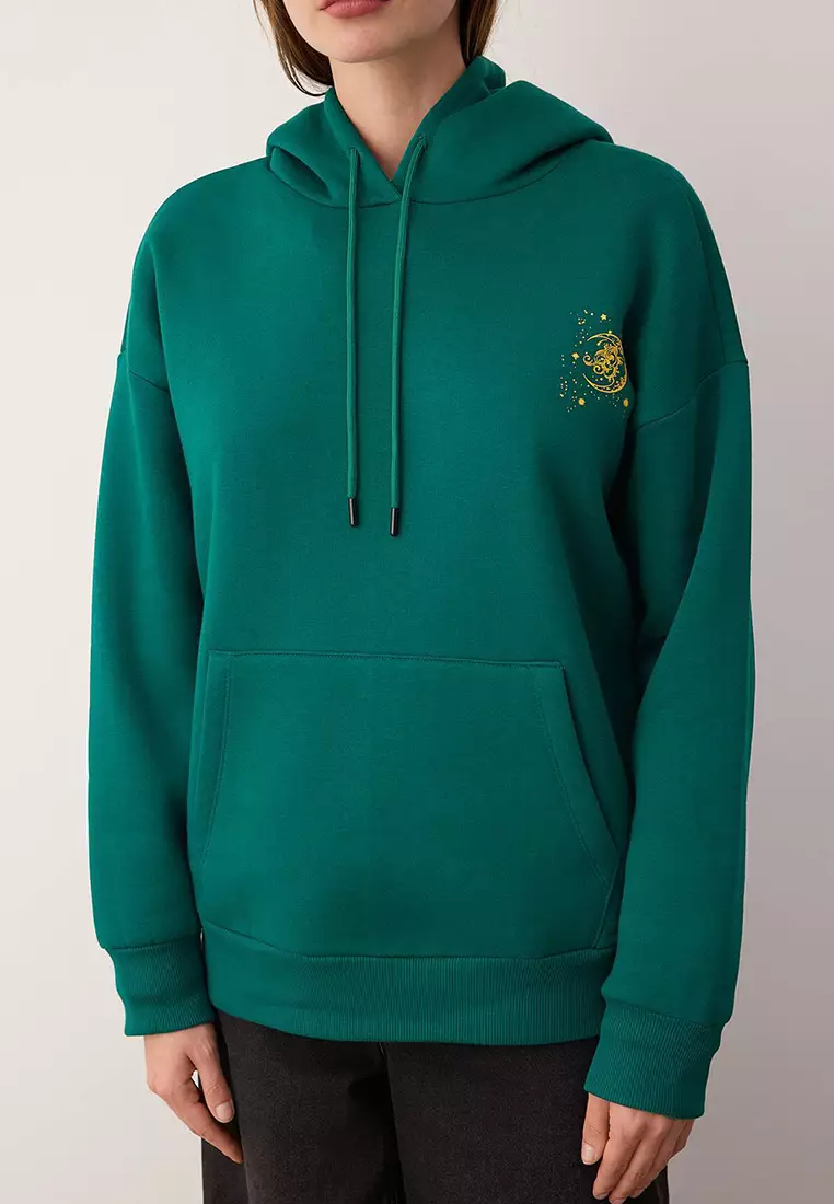 Emerald Green Thick Fleece Lined Hooded Printed Oversize Knitted Sweatshirt