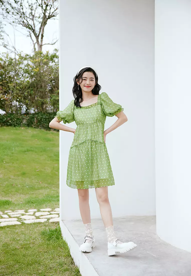Puff Sleeve Square Neck Polka Dot Dress