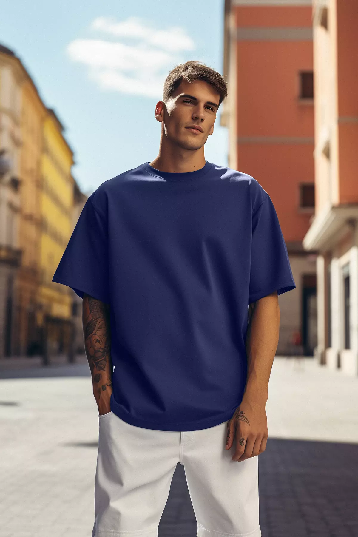 Navy Blue Oversize Crew Neck 100% Cotton T-Shirt - Tmnss22Ts0318