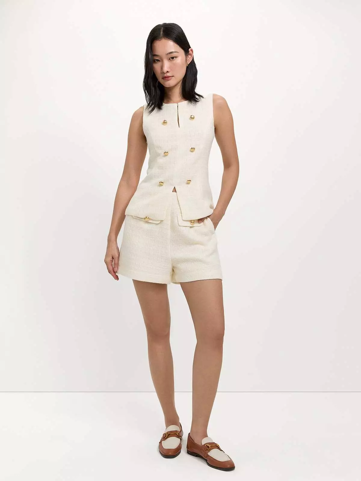 Tweed Front Slit Vest - Ivory