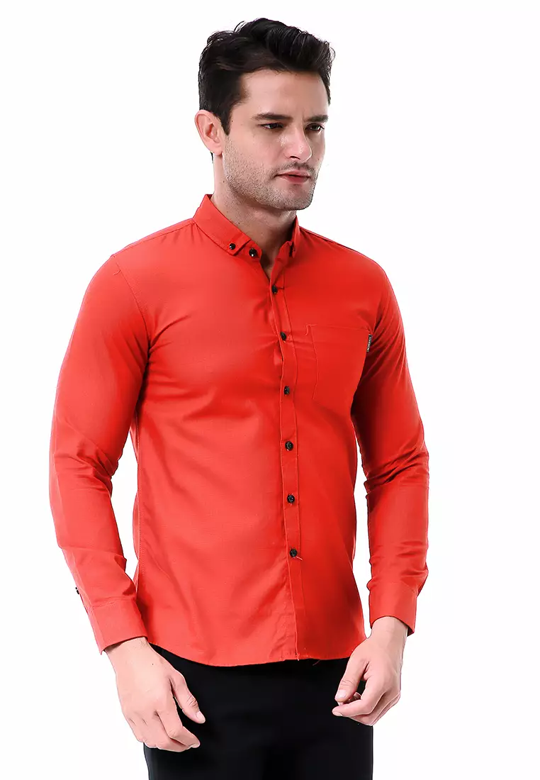 Leopold Kemeja Basic Pria Motif Polos Long Sleeve Material Cotton ORIGINAL - Orange