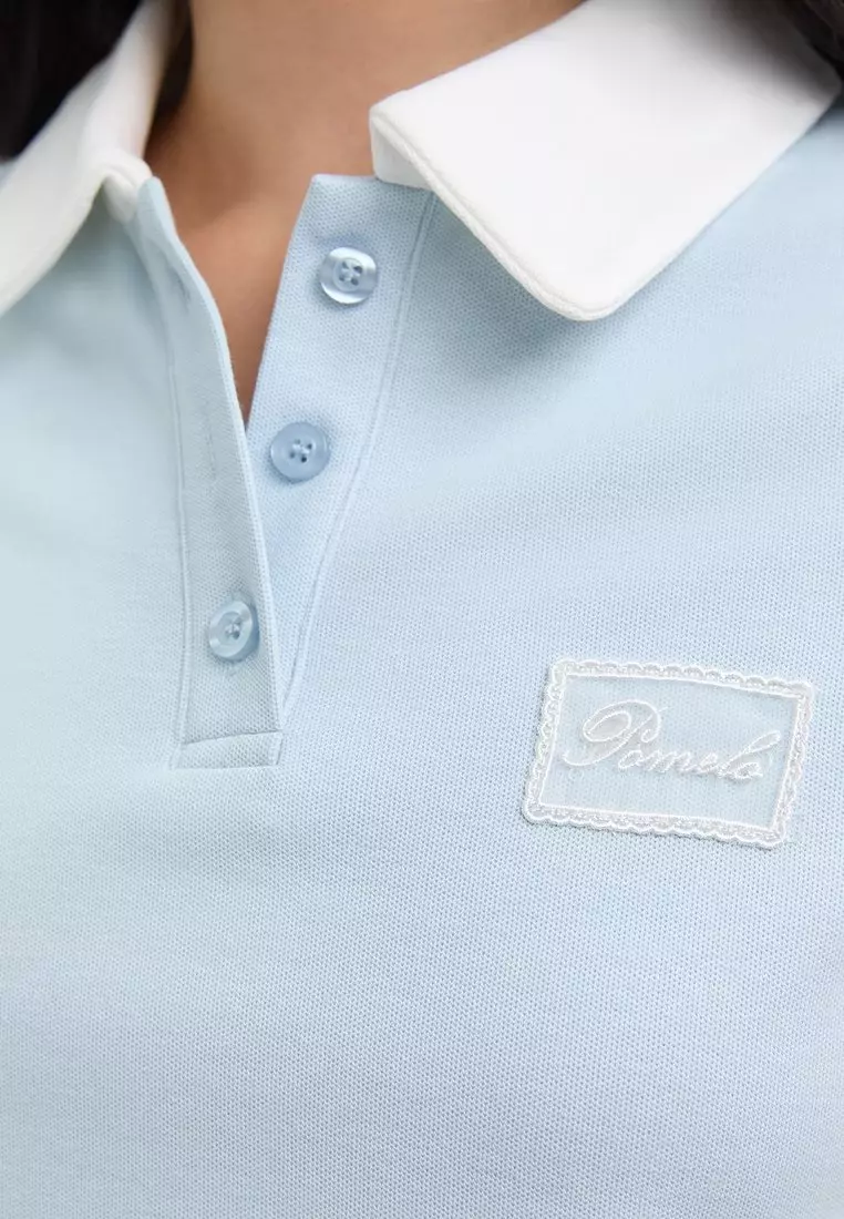 Contrast Collar Polo Crop Top - Blue