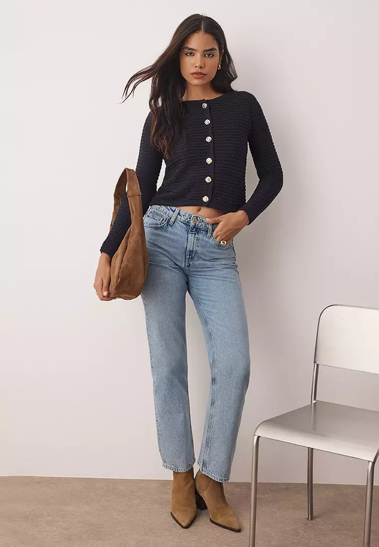 Navy Blue Textured Cotton Look Knitwear Cardigan Twoaw26Hi00186