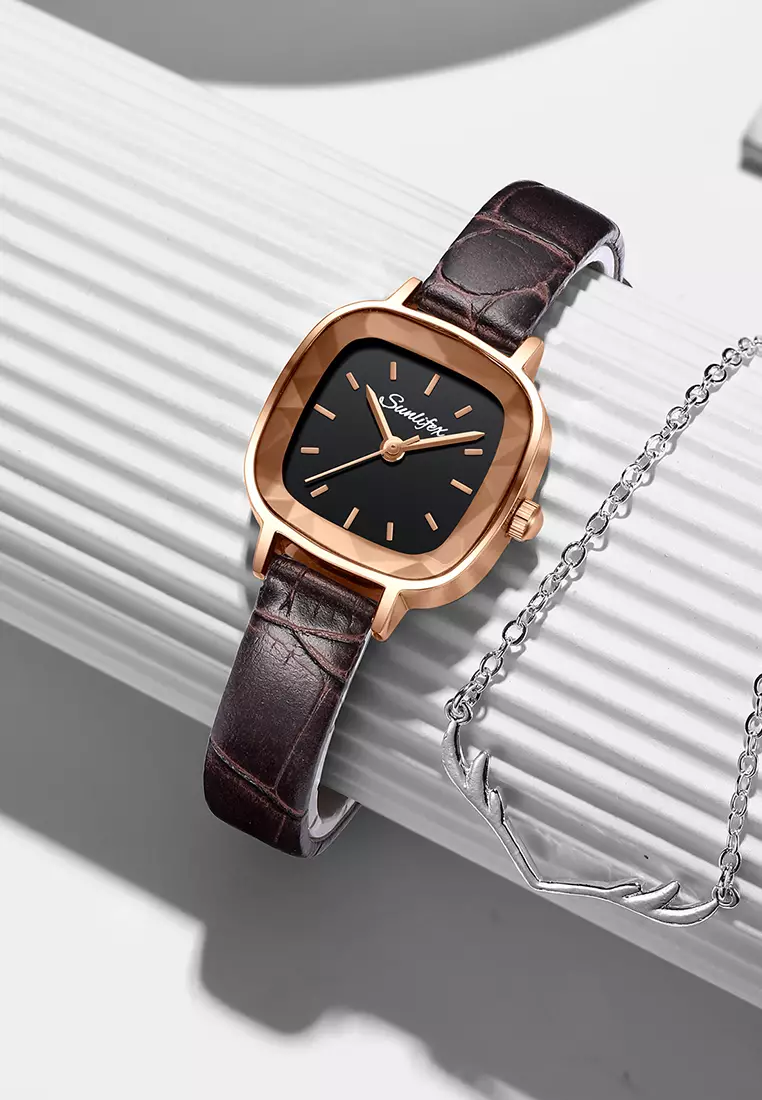 Jam Tangan Wanita 8003 Kuarsa Santai Anggun Jam Wanita Kecil Tali Kulit Jam Tangan Cewek brown