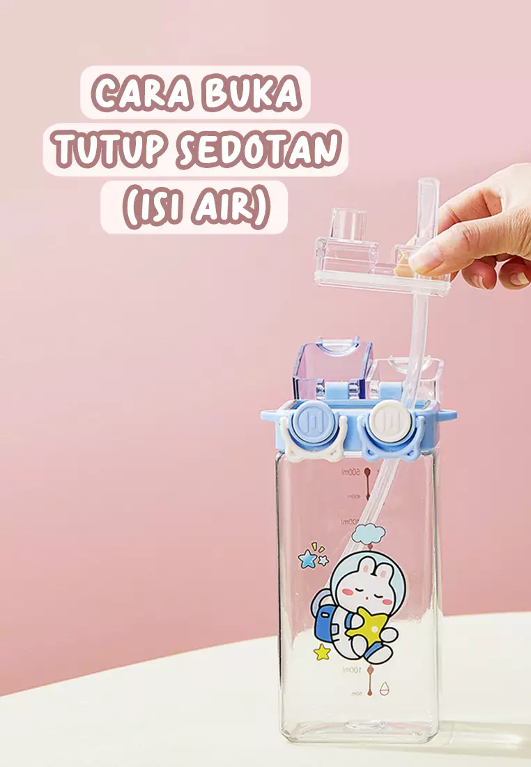 Wakakids Botol Minum Anak Plastik Kotak Sedotan dan Tali Panjang dengan Model 2 Cara Minum 570ML K259 Venjr Ungu