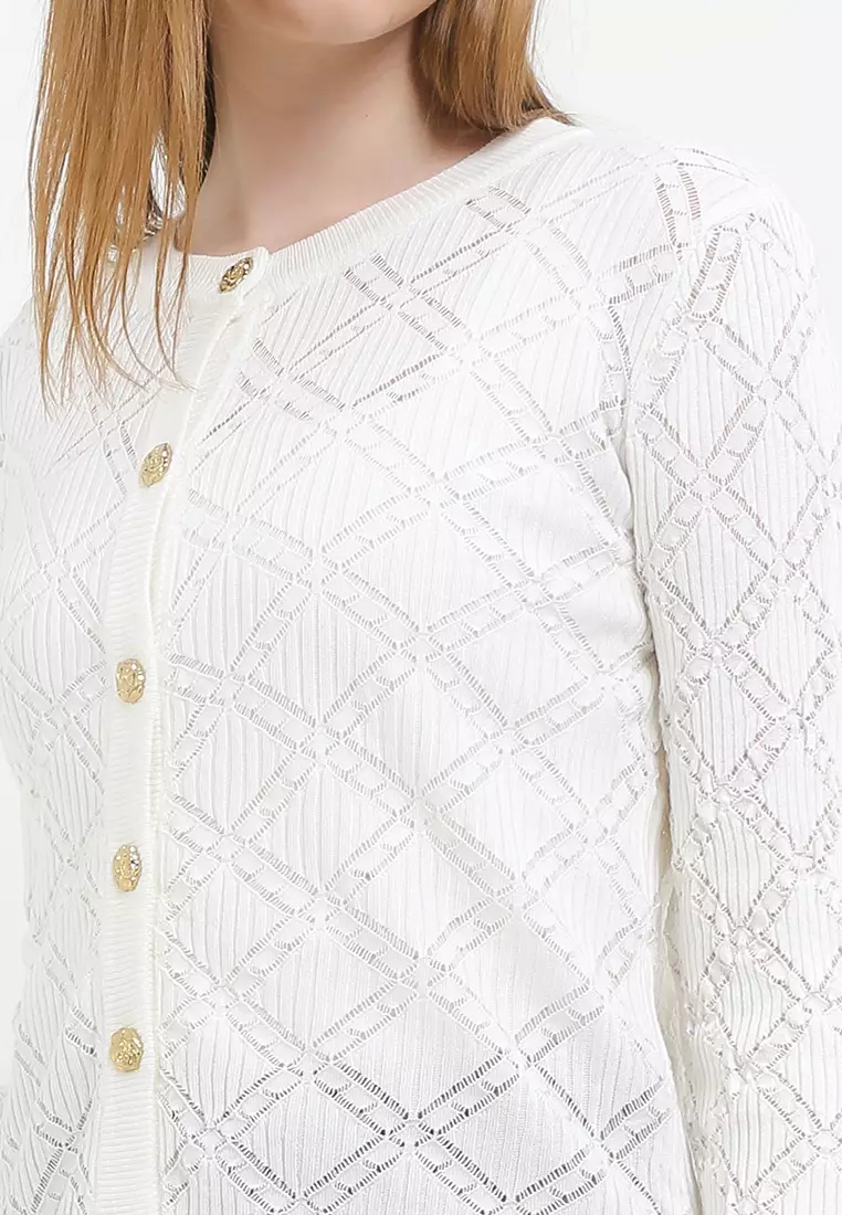 L/S Diamond Pattern Knit Cardigan W/ Rose Buttons