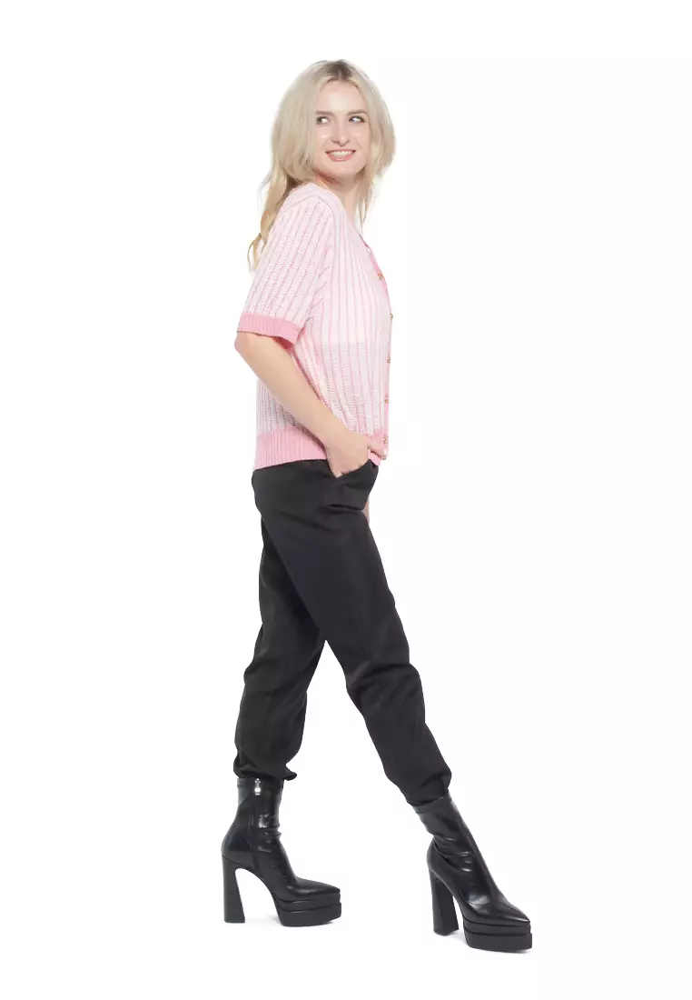 Pink V Neck Cable Knitted Top