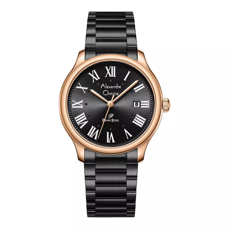 Jam Tangan Pria Alexandre Christie Primo Steel AC 1042 MD FBRBA Men Black Dial Black Stainless Steel Strap