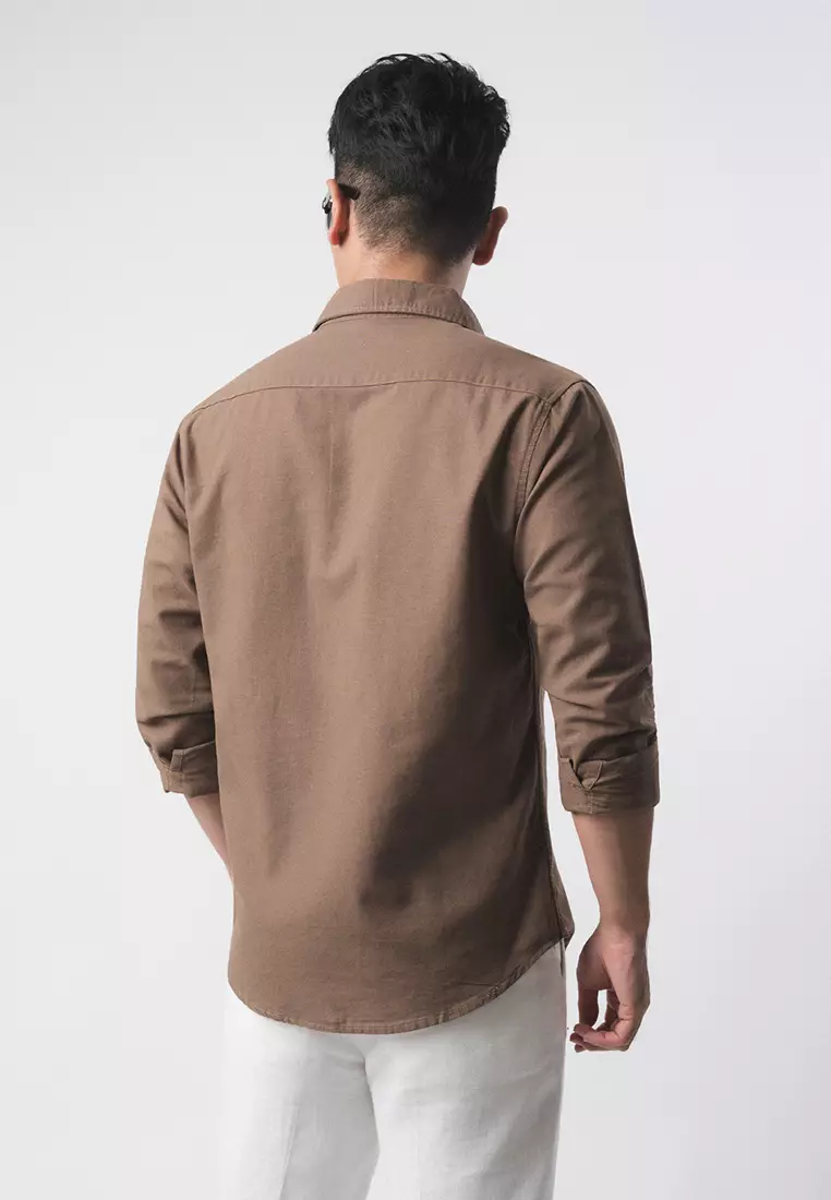 Linen Blend Slim Fit Shirt - Wood Brown LS