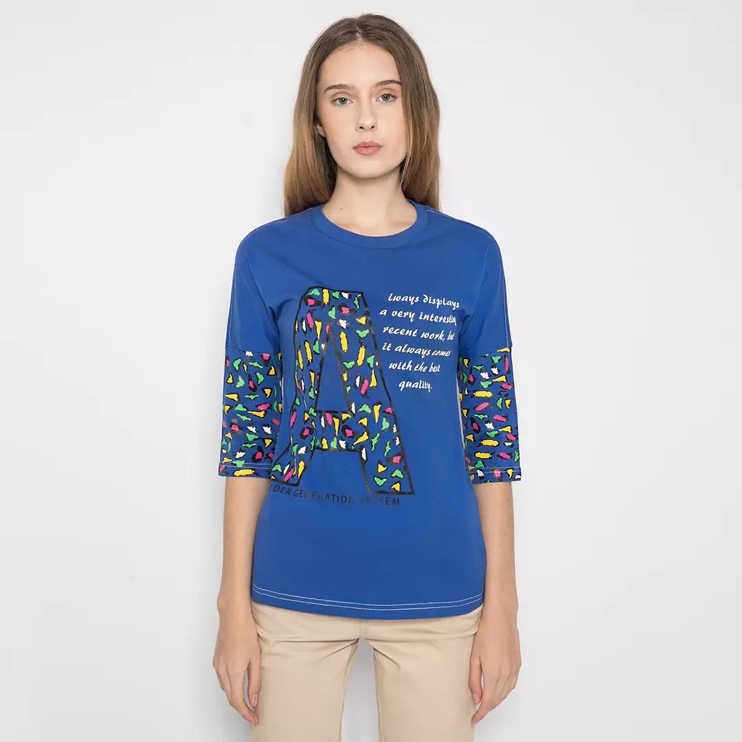 LGS - Kaos Casual Wanita - Lengan Panjang 3/4 - Biru - Gambar Sablon - LTS.555.T976.081.C-L/S