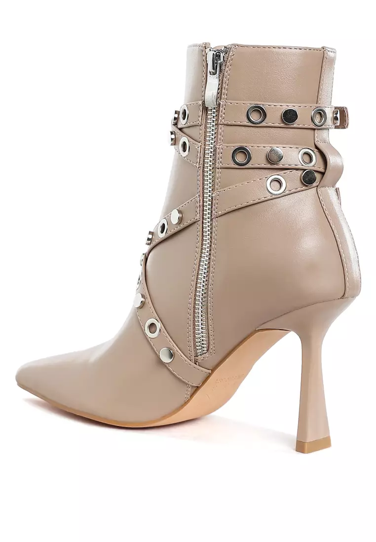 Eyelets & Studs Harness Ankle Boots in Beige