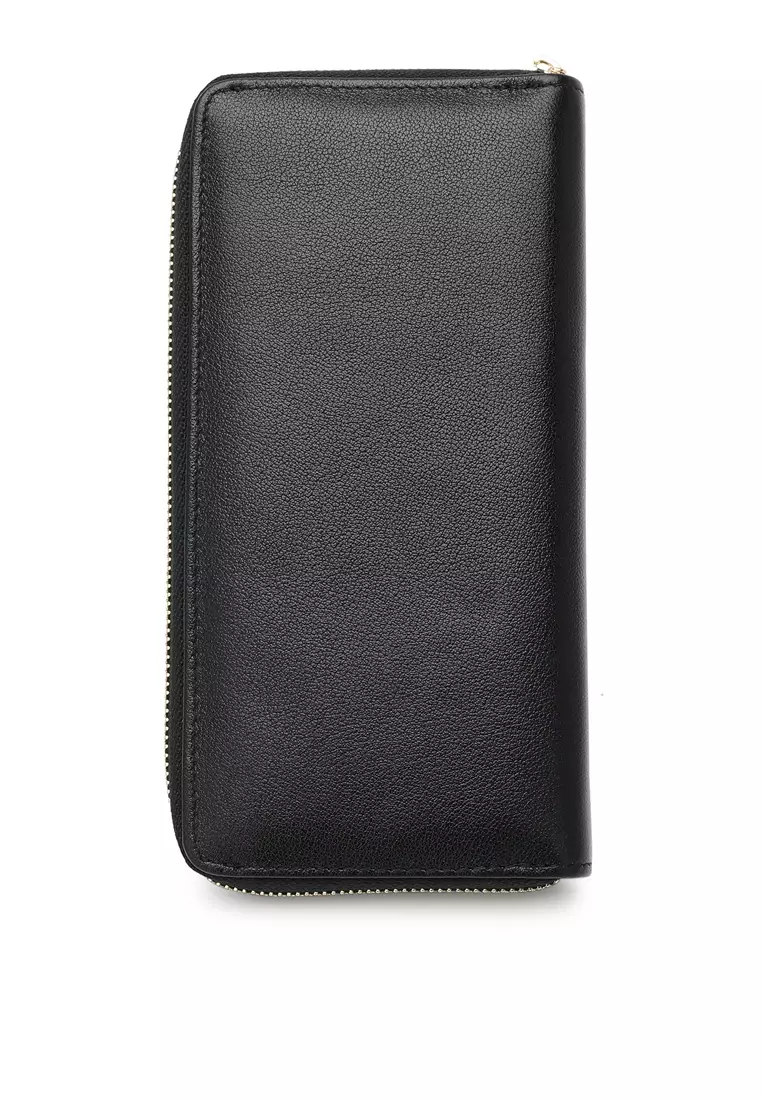 Genuine Leather Zipper Long Wallet - Black