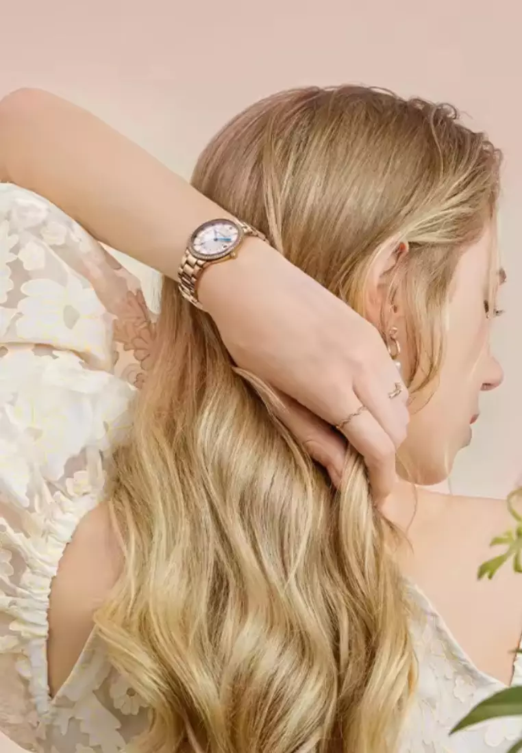 Ladies Rose Gold Colored Stainless Steel Quartz Watch, 32mm, Bezel Paved with Crystals, Stainless Steel Bracelet