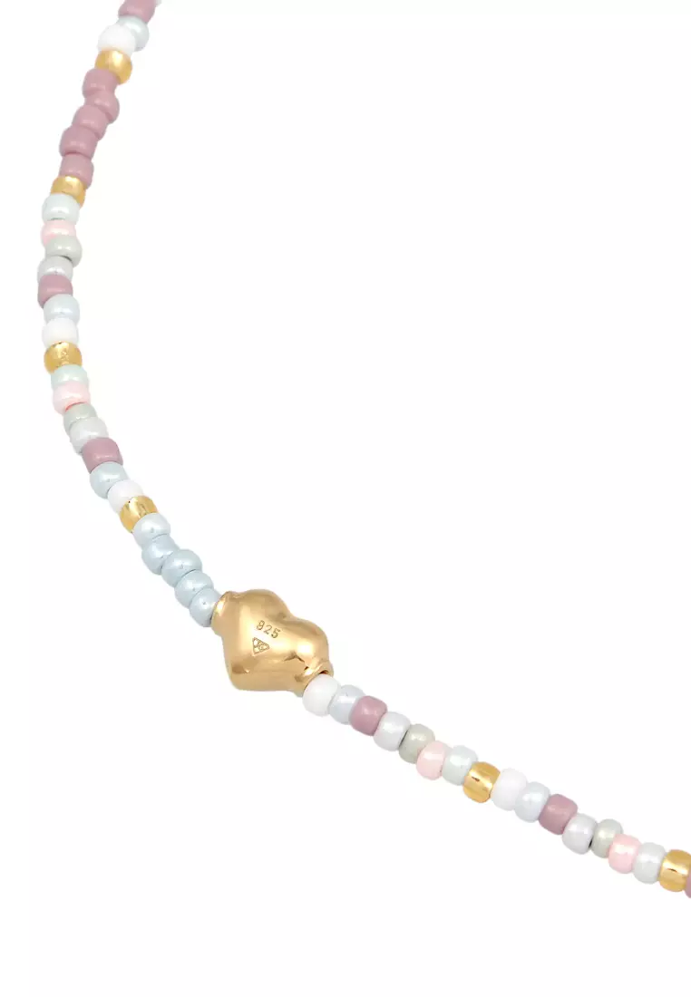 Gelang Perhiasan Perak 925 Wanita Heart Pendant Glass Beads Summer Colourful Gold Plated