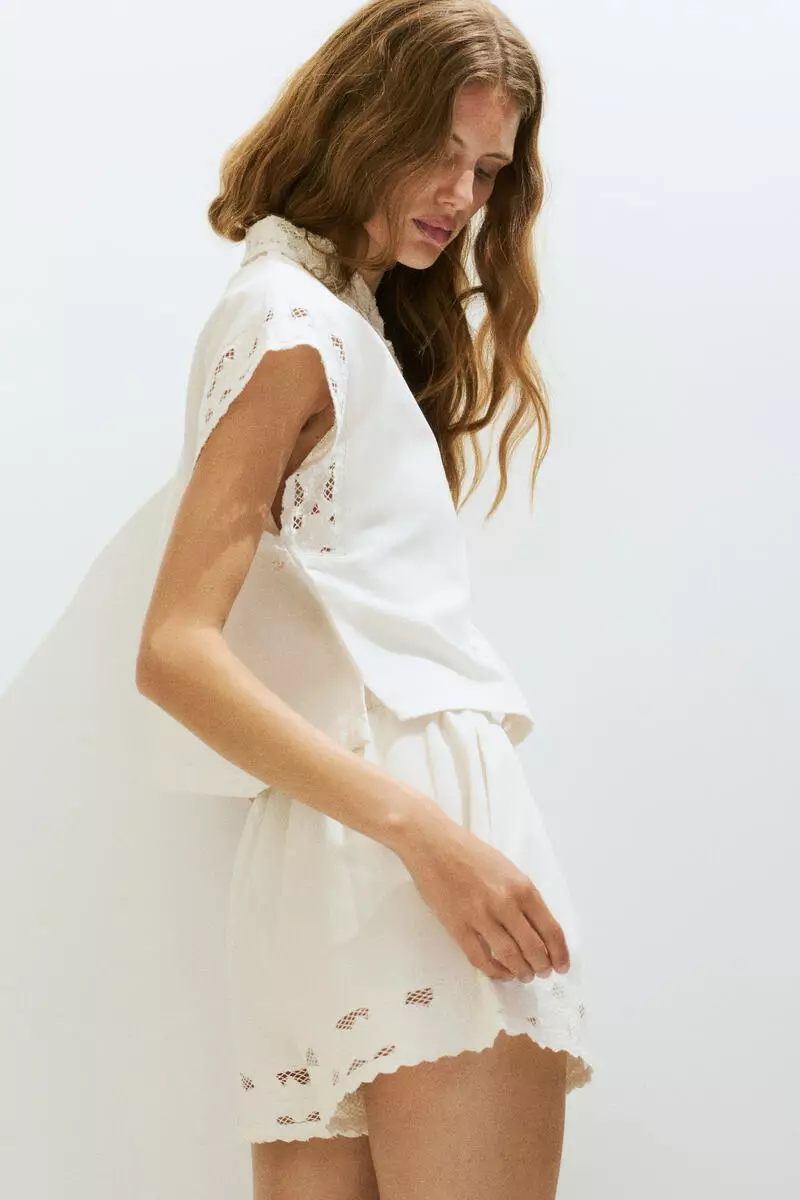 Lace-trimmed cotton twill shorts