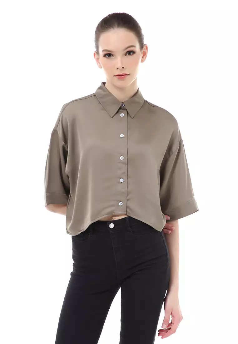 Brielle Atasan Wanita Kemeja Oversize Plain Motive Lengan Pendek Material Satin ORIGiNAL - Army Green