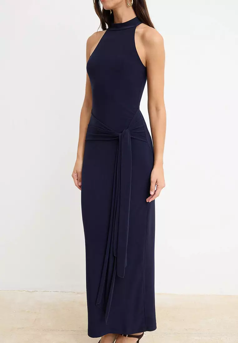 Navy Blue Belt Detail Halter Neck Bodycone/Fitted Stretchy Maxi Knitted Dress Twoss25El689