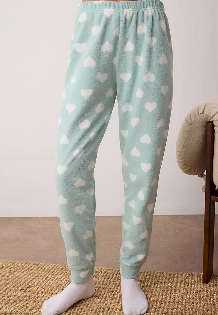 Mint Heart Cat Embroidered Sleep Band Polar Fleece Winter Knitted Pajama Set THMAW21PT0669