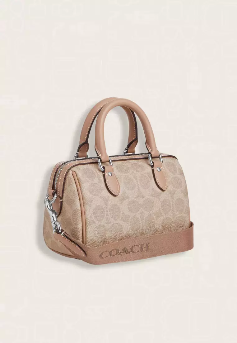 Coach Mini Roan Crossbody Signature Canvas Stripe Sand Taupe