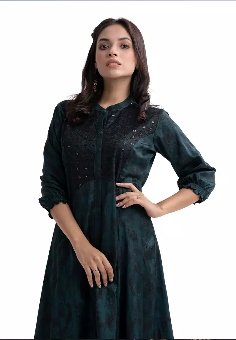 Le Reve 绿色绉纱丝绸装饰束腰外衣