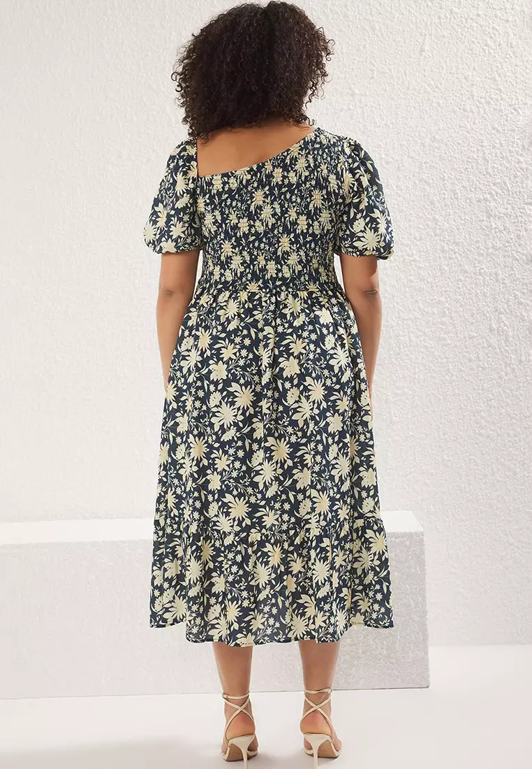 Emerald Green Floral Gipel Asymmetrical Collar Balloon Sleeve Woven Plus Size Dress TBBSS25AH00027