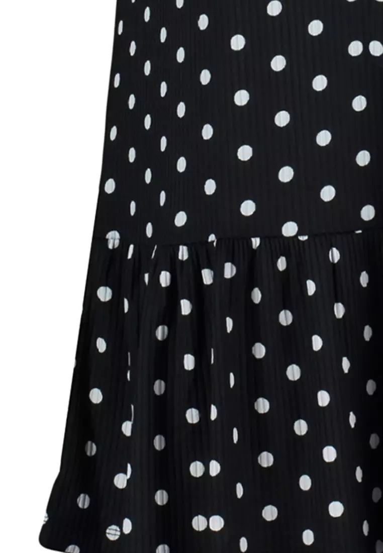 Black Polka Dot Printed Zero Sleeve Flounce Shift/Plain Mini Elastic Knitted Dress