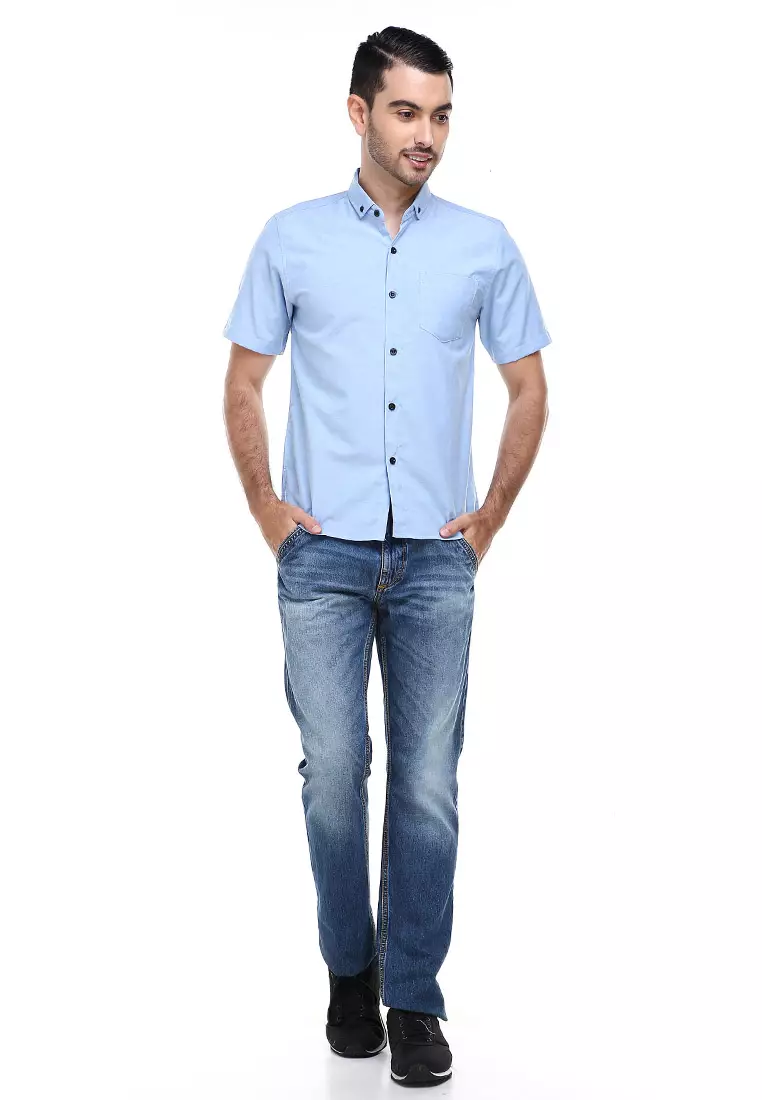 Dwan Casual Shirt Kemeja Polos Pria Lengan Pendek Kasual Formal Material Cotton ORIGINAL - Blue