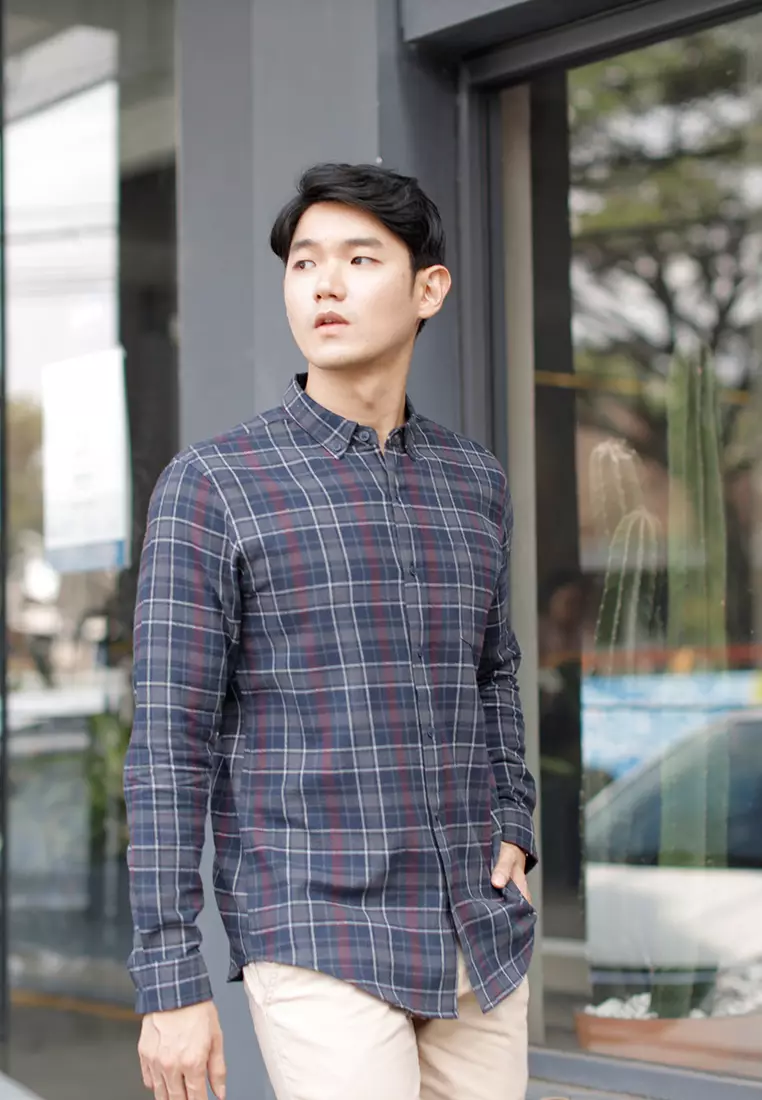 Kemeja Flannel cotton tangan panjang navy maroon white