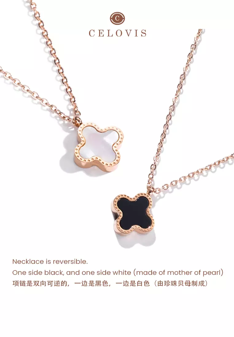 Adele Four-Leaf Clover Necklace + Stud Earrings + Rings Jewellery Set in Black