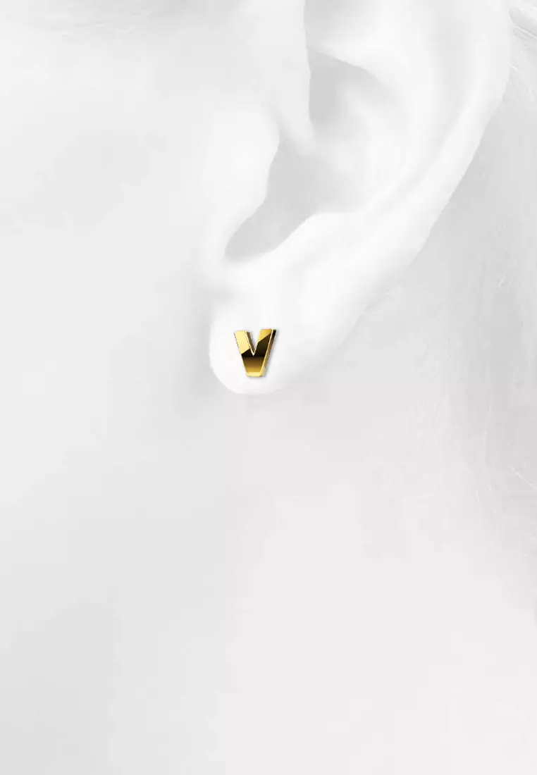 Bold Alphabet Letter Initial Charm Earrings in Gold Tone - V